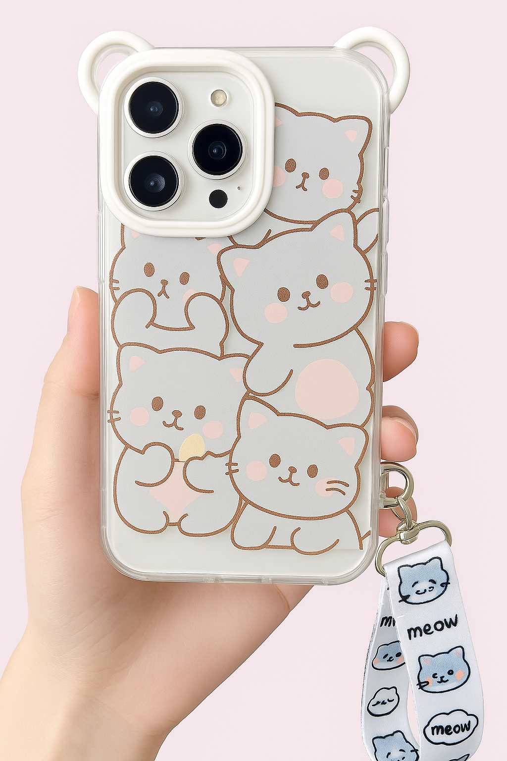 Carcasa kawaii de gatitos con correa desmontable para iPhone – Transparente y protectora