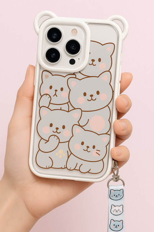 Carcasa kawaii de gatitos con correa desmontable para iPhone – Transparente y protectora