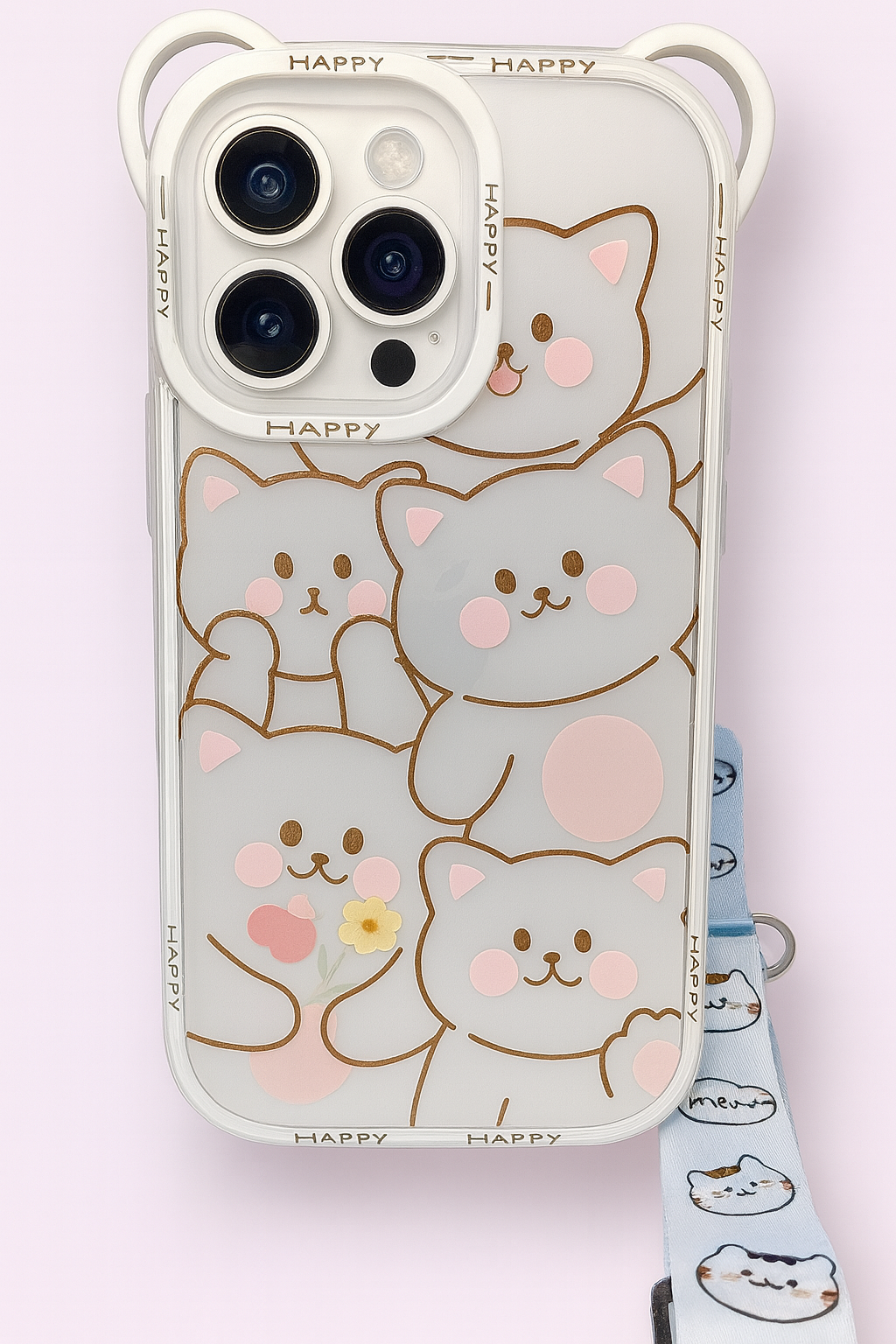 Carcasa kawaii de gatitos con correa desmontable para iPhone – Transparente y protectora